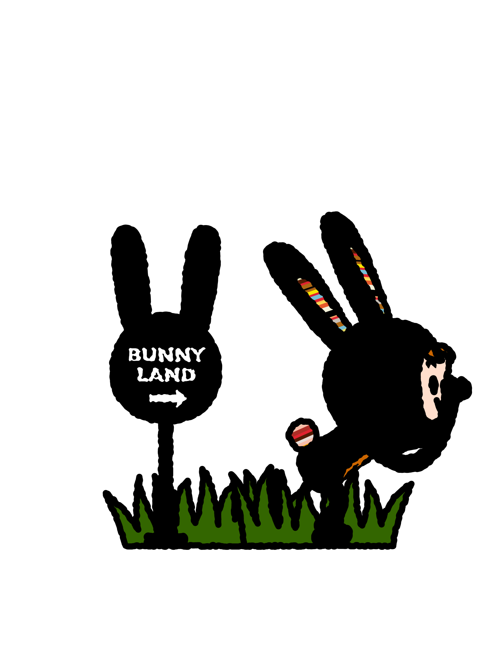 Bunny Paul running past an arrow sign for ‘BUNNY LAND’.