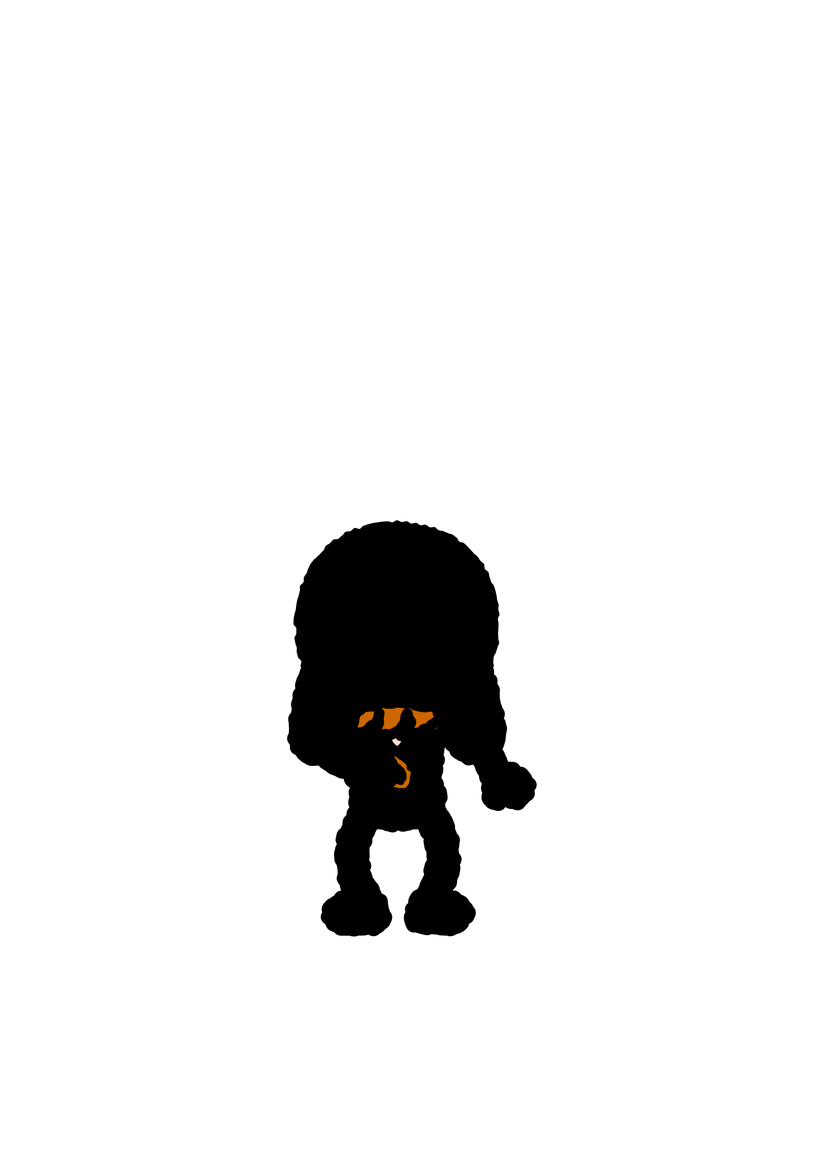 Paul seen from behind in his black character costume on a white background.