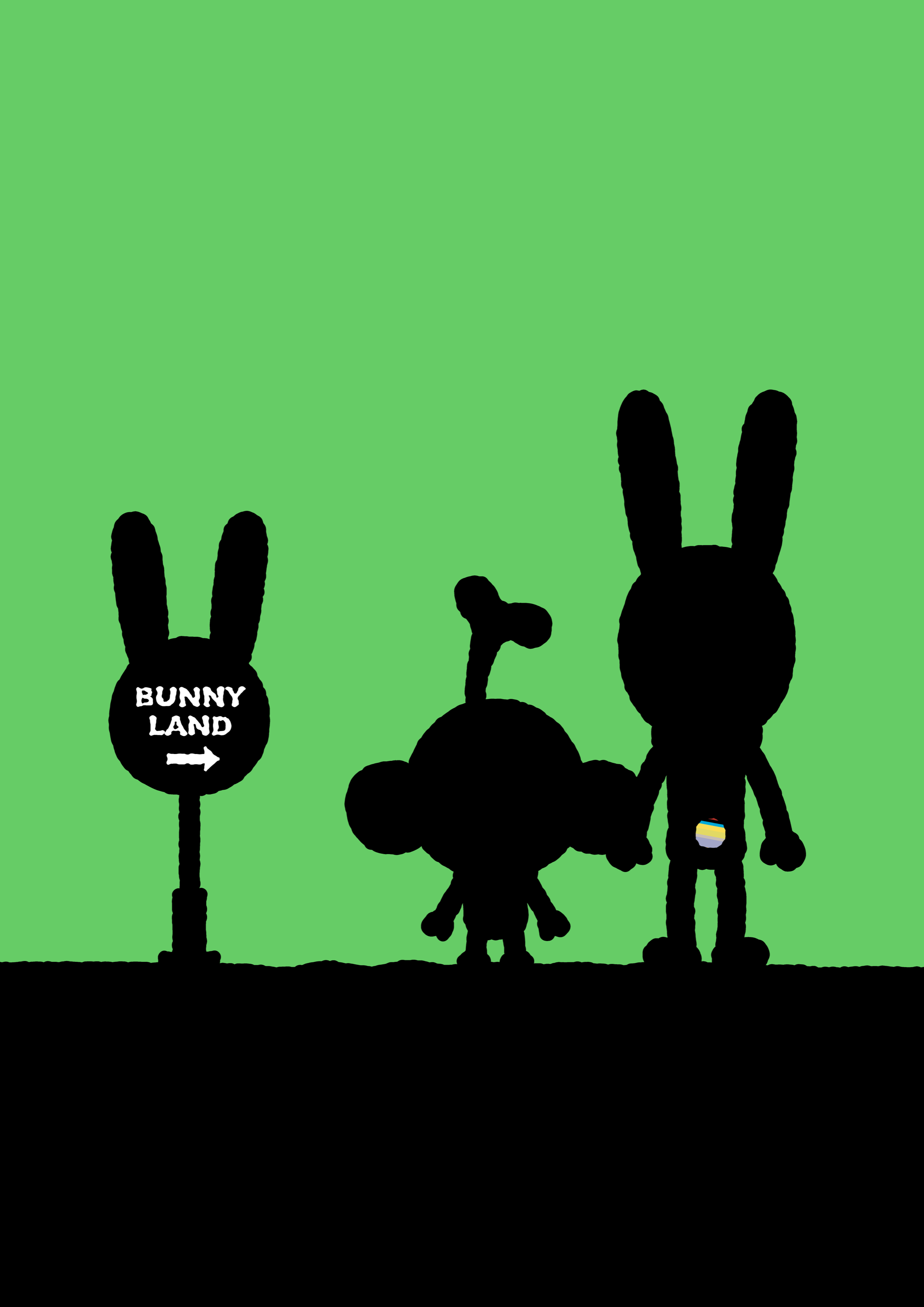 Bunny Paul and TAROUT seen from behind, looking towards an arrow sign in green Bunny Land.
