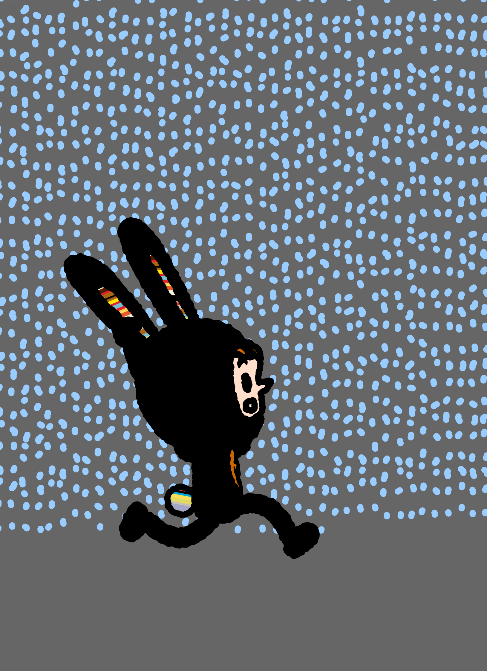 Bunny Paul hurrying through a grey scene filled with blue raindrops.