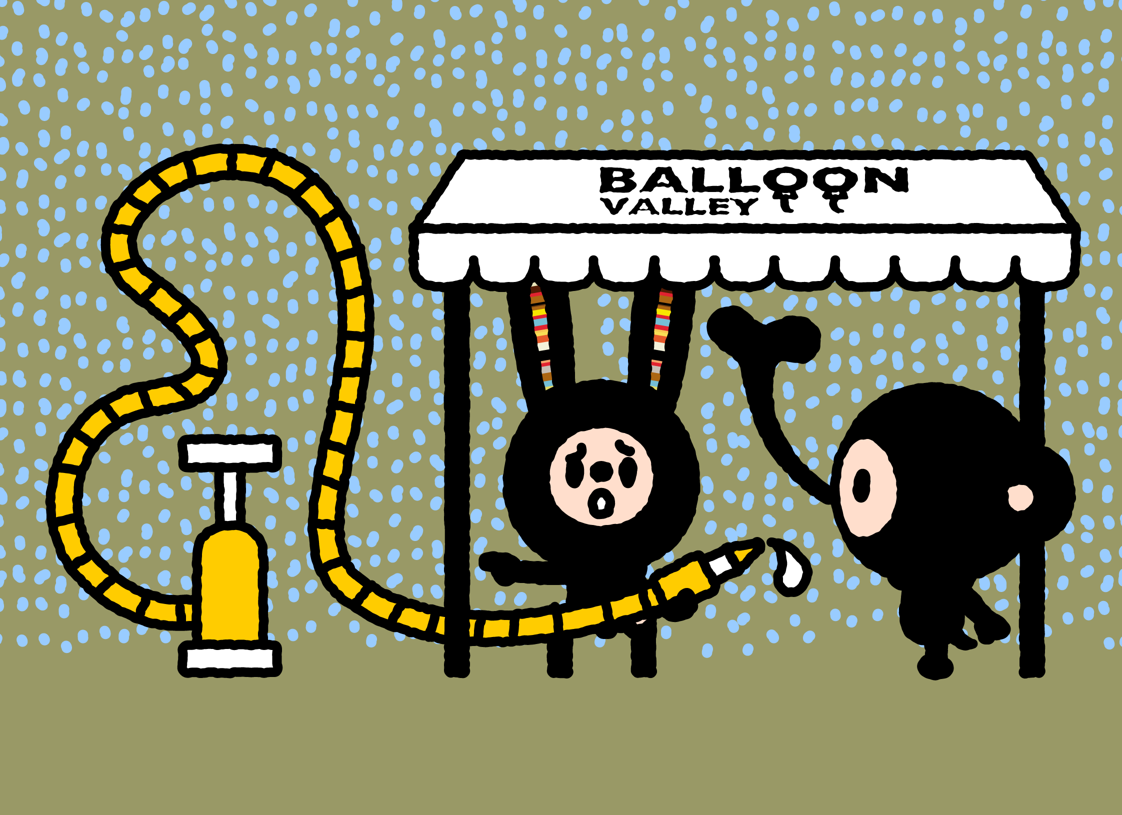 Bunny Paul and TAROUT beside a long yellow pump in rainy Balloon Valley.