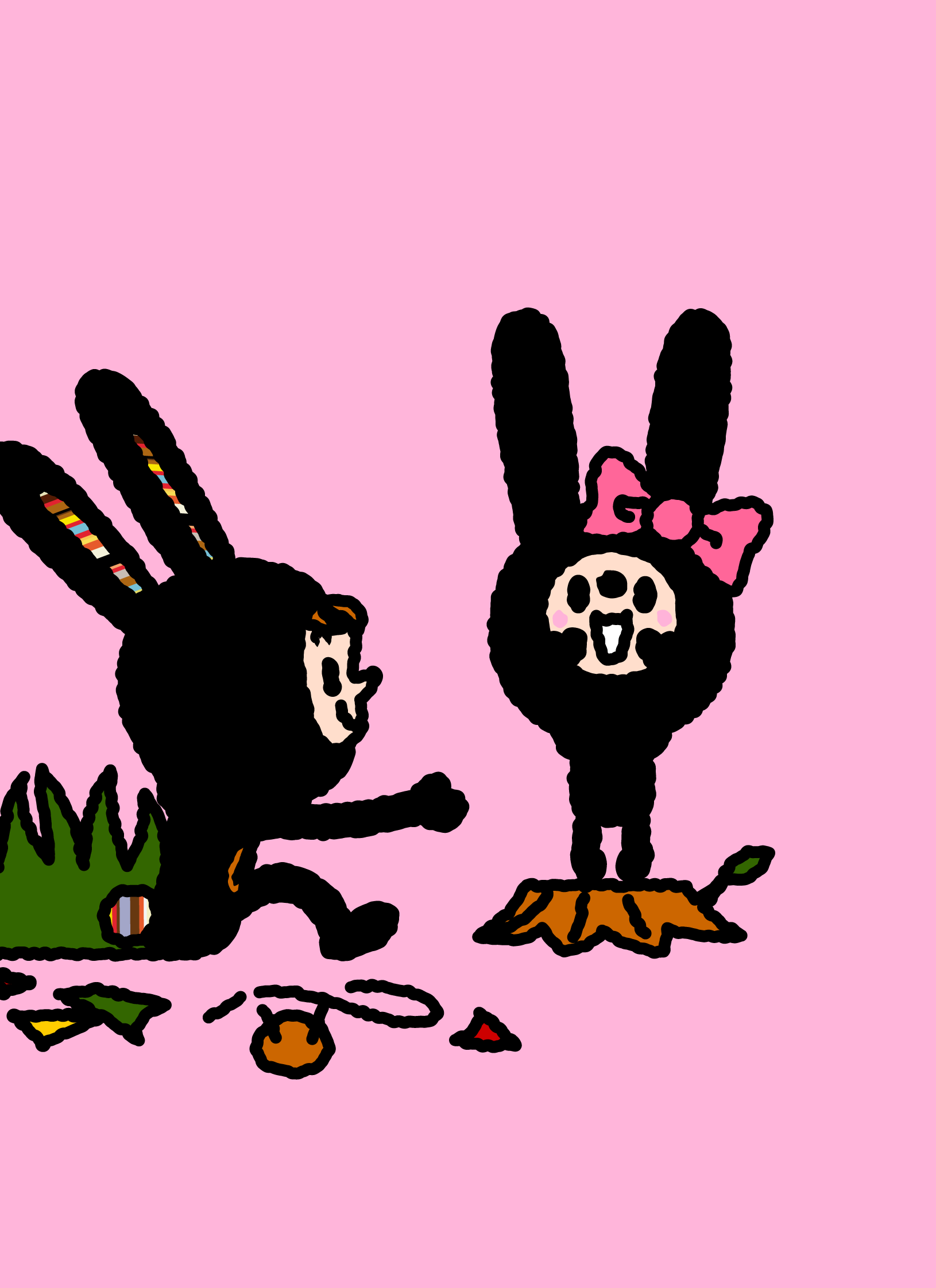 Bunny Paul hurrying towards a ribbon-wearing Lunny on a pink background.