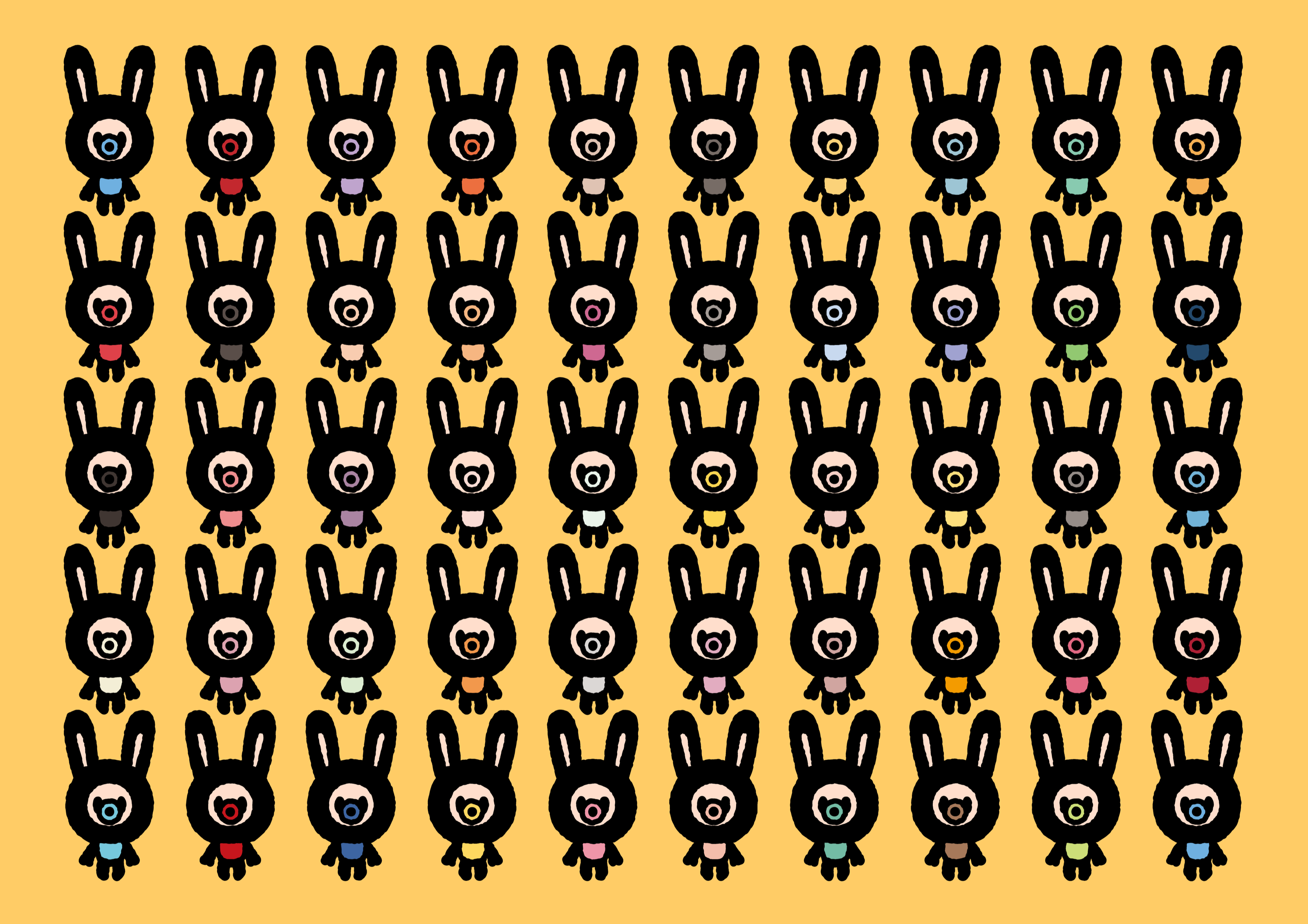 A yellow pattern of fifty baby Lunnys wearing bibs in different colours.