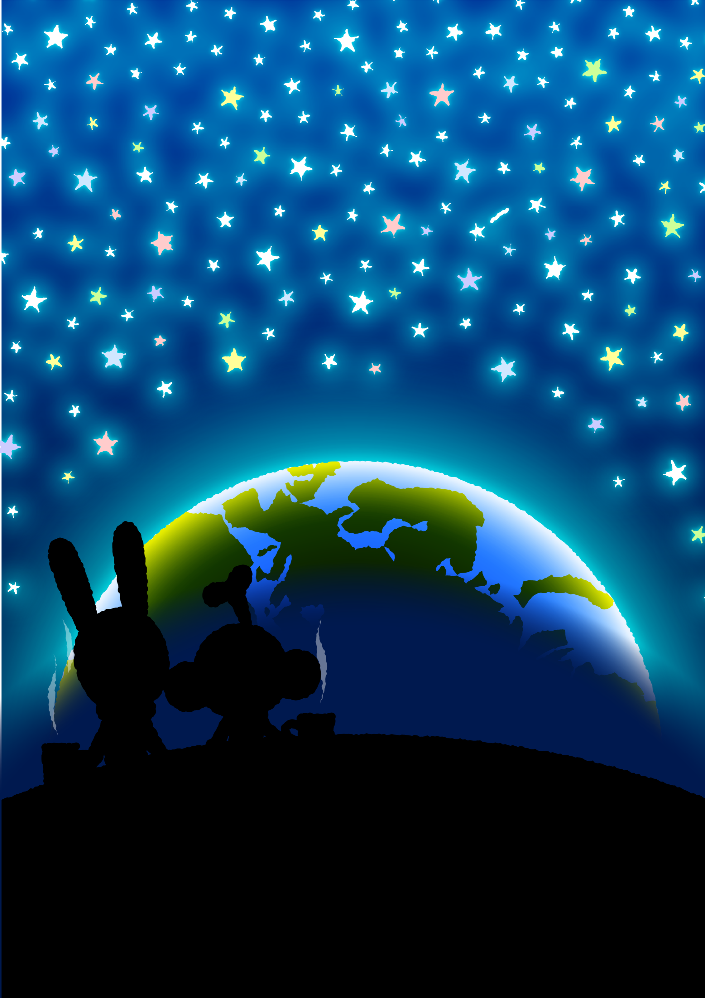 The silhouettes of Bunny Paul and TAROUT on a hill, gazing at the stars and Earth.