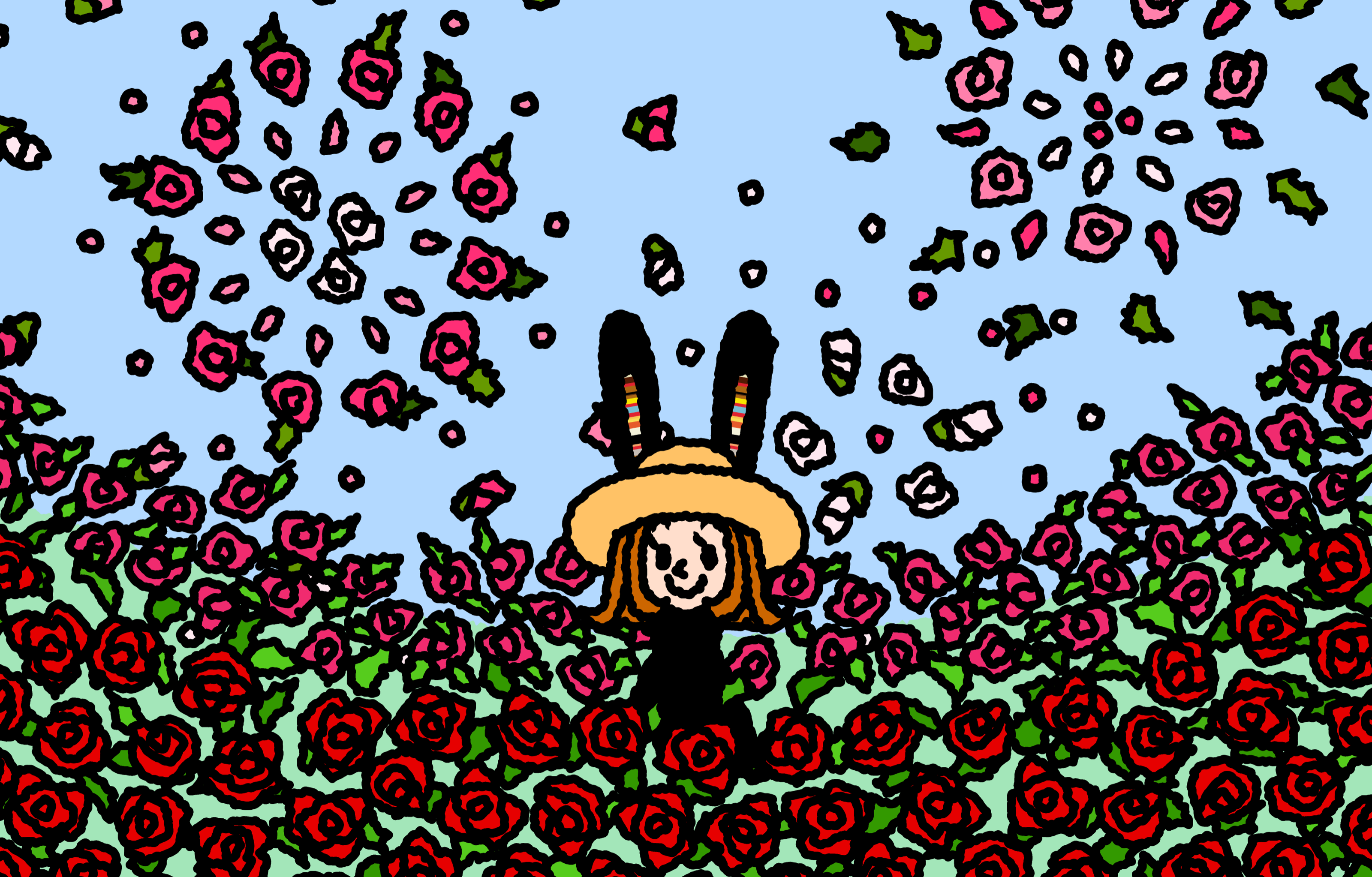 Pauline standing among red and pink roses in a blue morning mist.