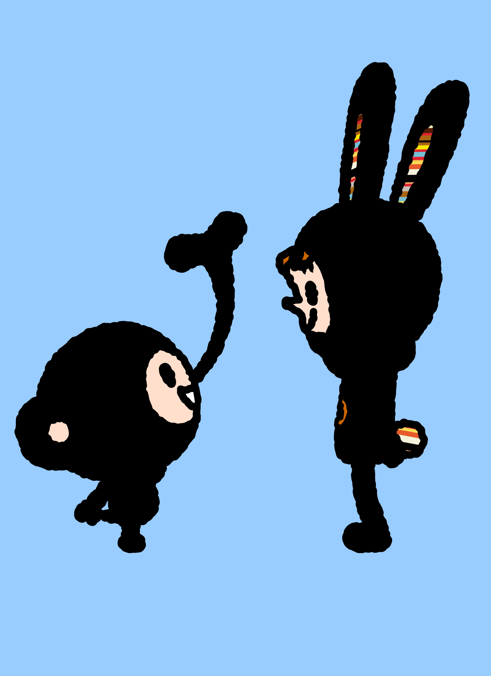 Bunny Paul and TAROUT talking face to face on a blue background.