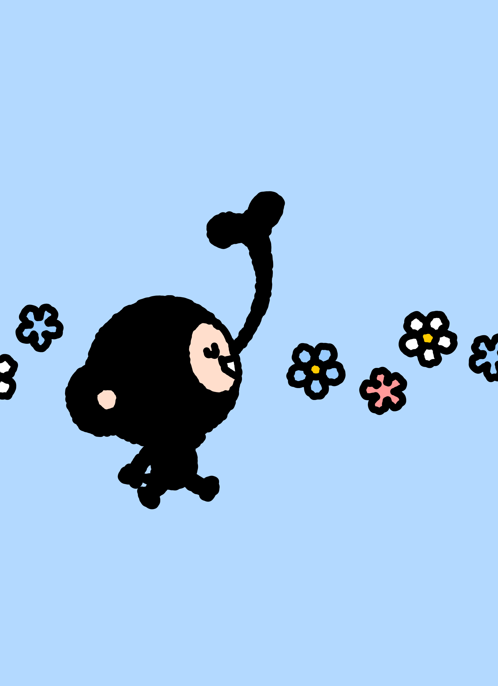 TAROUT following floating flowers across a pale-blue background.