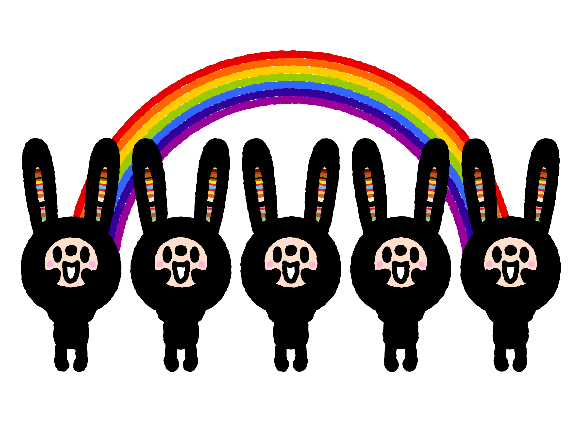 Five Bunny Paul figures standing beneath two rainbows on white.