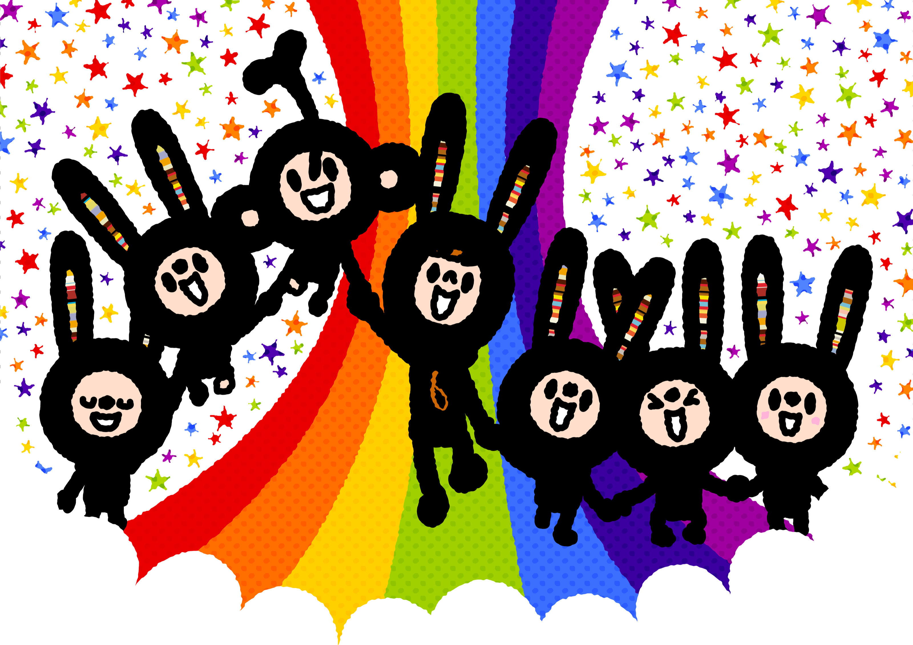 Bunny Paul, TAROUT and the Lunnys leaping together among bursts of rainbow-coloured stars.