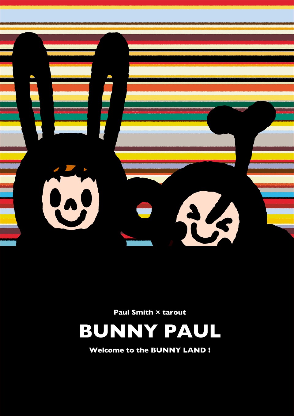 ストライプを背景に、黒いウサギ姿のBUNNY PAULとタロアウトが並ぶ、当時の展覧会ポスター。BUNNY PAUL、Welcome to the BUNNY LAND!の文字。